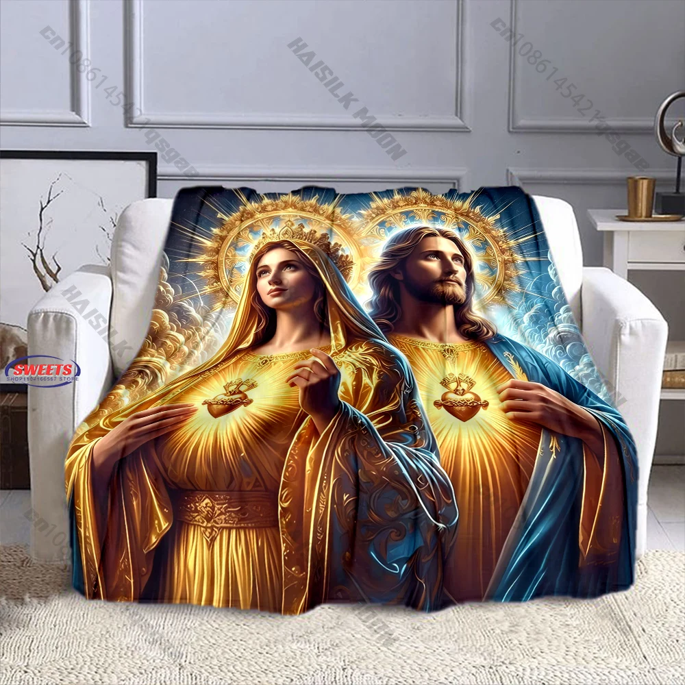Sacred Hearts of Mary and Jesus Throw Blanket Soft Flannel Cozy Blanket for Catholic Devotion & Religious Home Decor