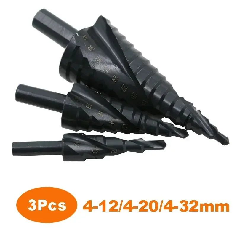 3pcs/set High Speed Steel Cobalt Step Drill Bit 4-12 4-20 4-32mm HSS Nitrogen Spiral Triangle Shank Drill Bit Set for Metal Cone