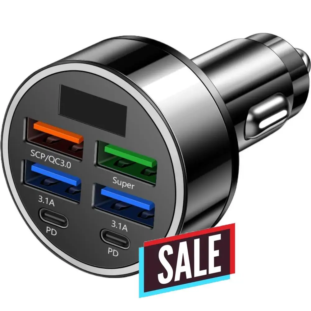 

6 Port Fast USB Car Charger Digital Display 4USB 2PD Cigarette Lighter USB Charger Universal Adapter Car Accessories Interior