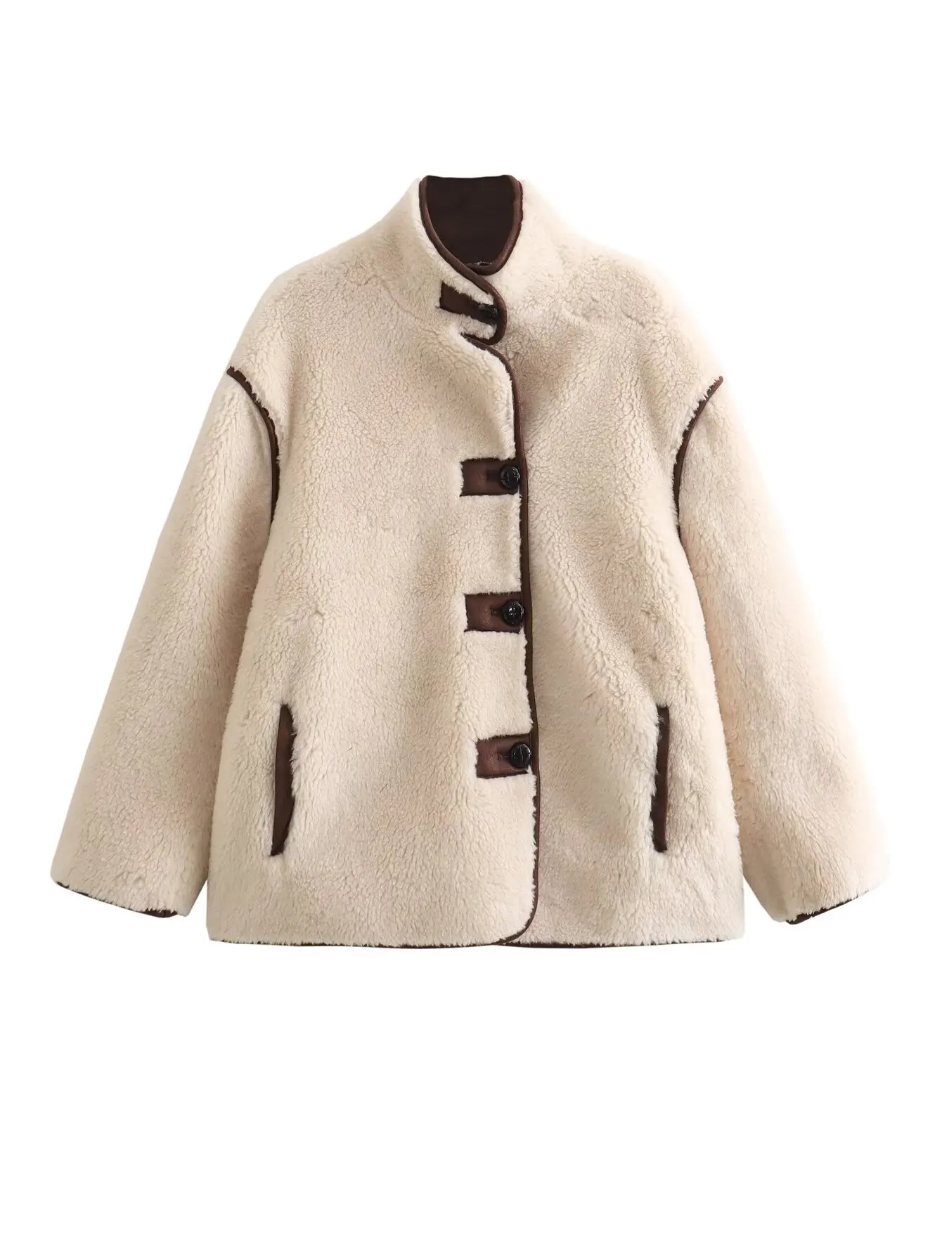 2024 Fall and Winter Fleece Standing Collar Women Jacket Full Sleeve Button Ladies Jacket Fashion Loose Pocket Women Jacket