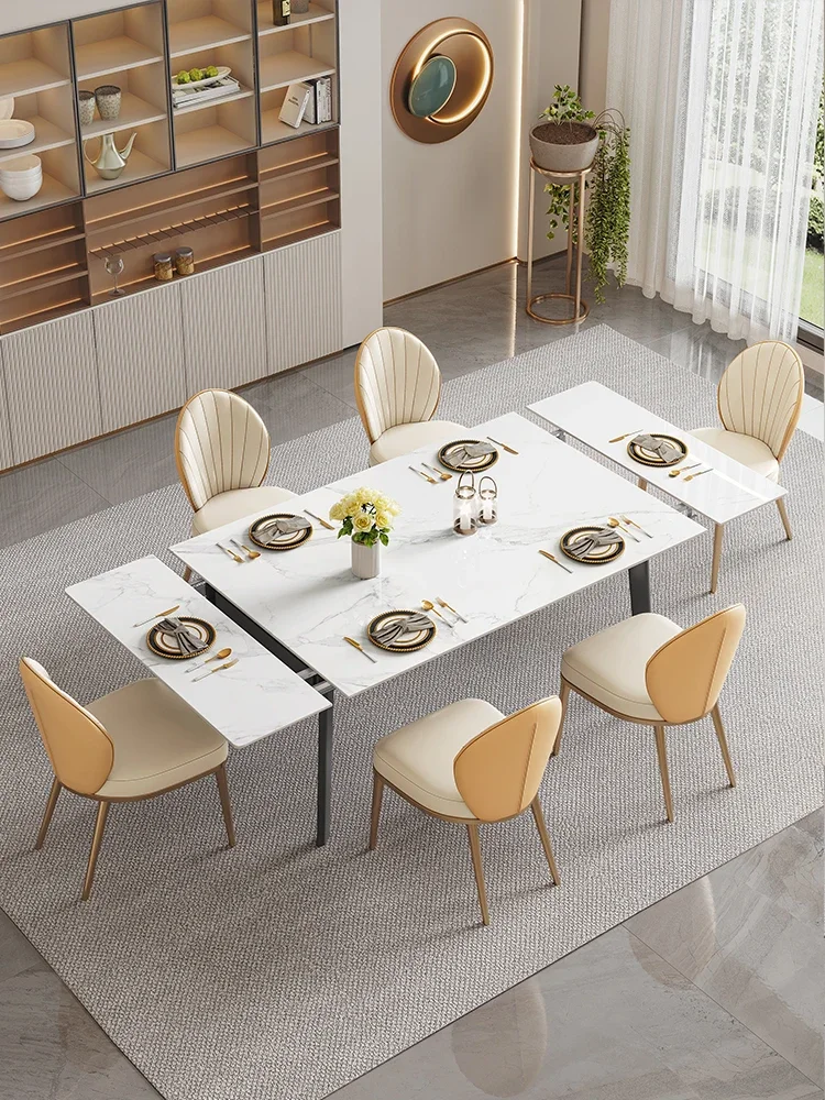 Small-sized dining chair combination of retractable rectangular folding dining table with rock plate dining table