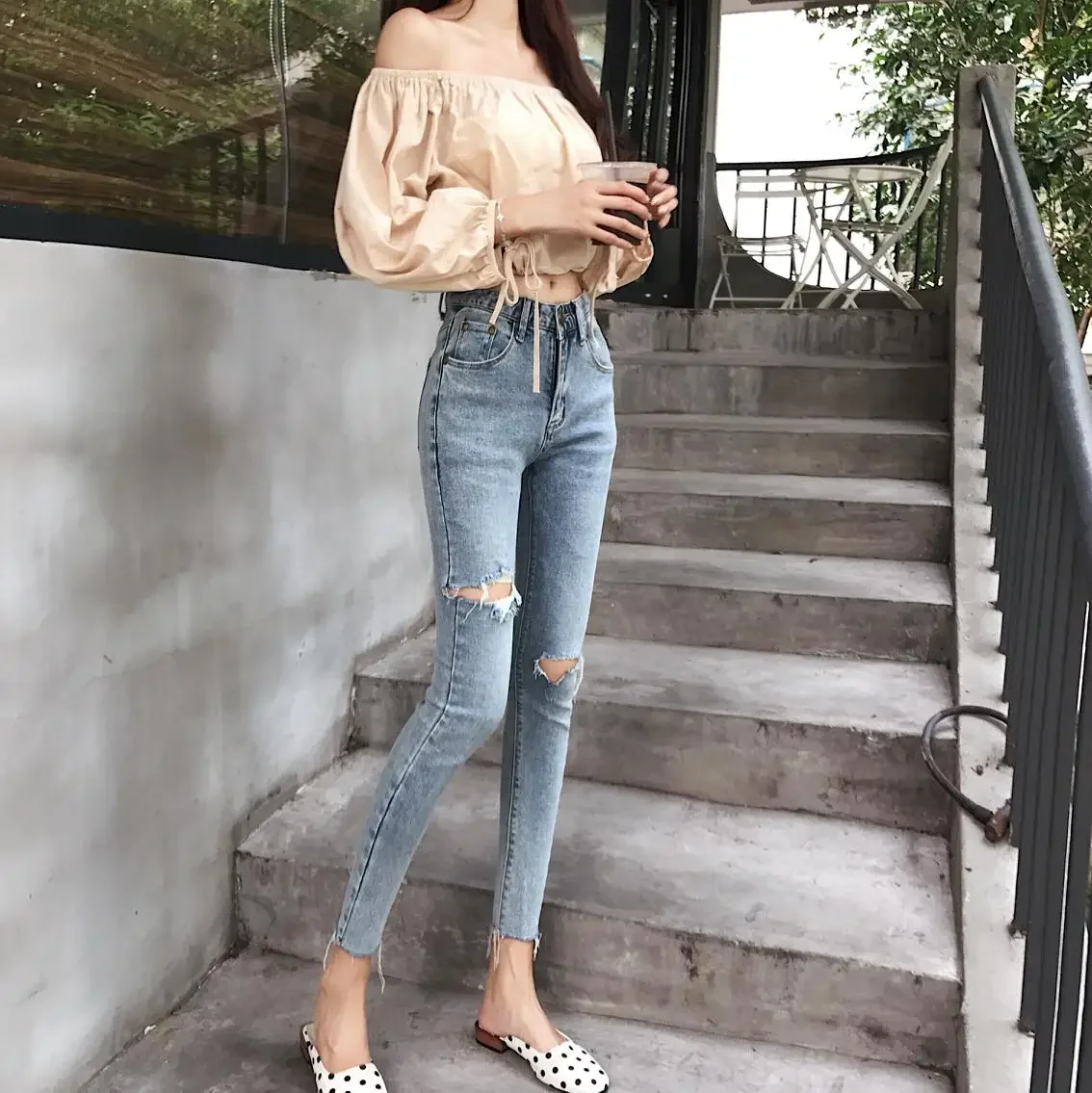 SHIJIA High Waist Elastic Skinny Jeans Woman Hole Ripped Denim Pencil Jeans Female Light Blue Vintage Bottoms Femme Chic