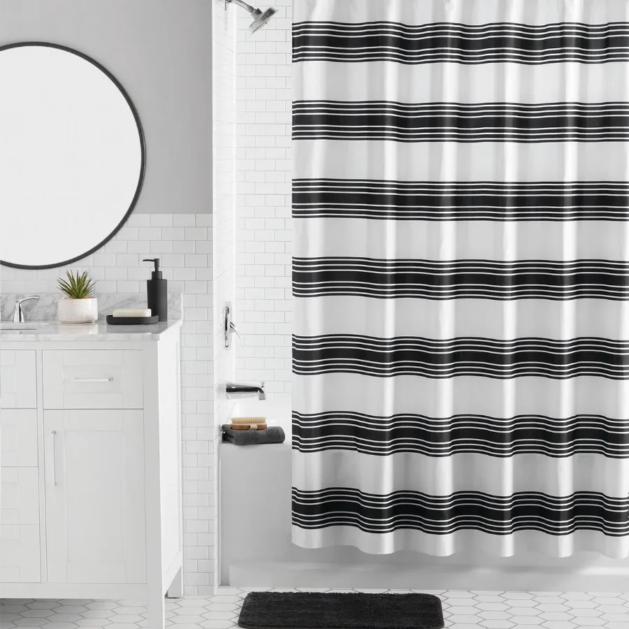 

16-Piece Black Stripe Shower Curtain Bathroom Set Fabric Curtain with Rug Hooks Soap Dispenser and Tray