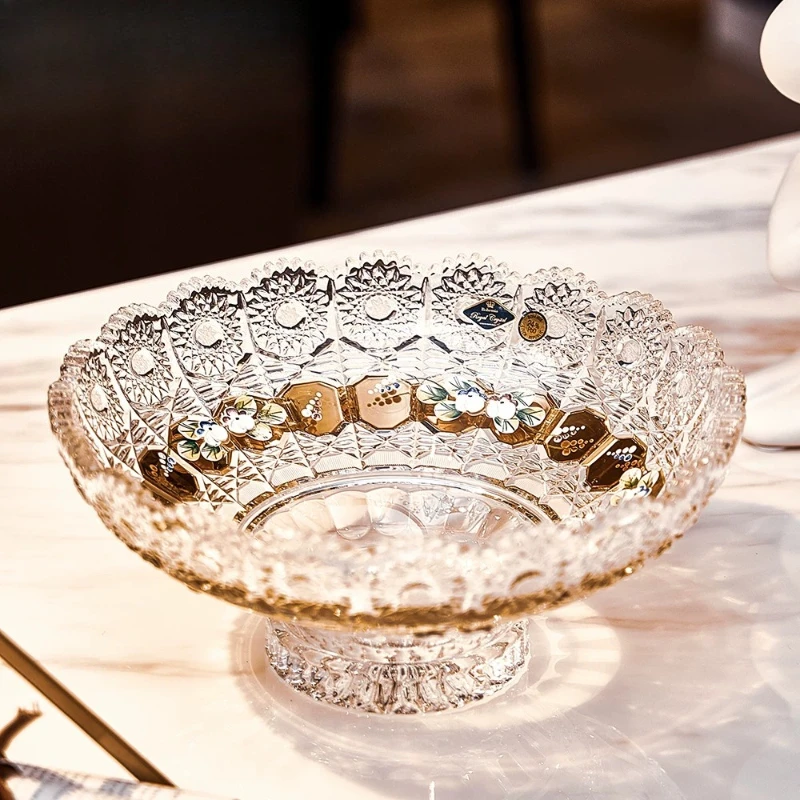 Imported crystal glass fruit plate, living room fruit plate, snack plate, hand-painted gold enamel flower