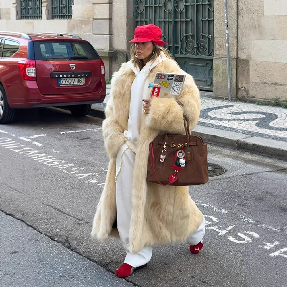 Comfortable Winter Women Mink Fur Outwear Yellow Lapel Collar Plush Female Eco Fur Coat Long Desinged Faux Fur Jacket For Lady