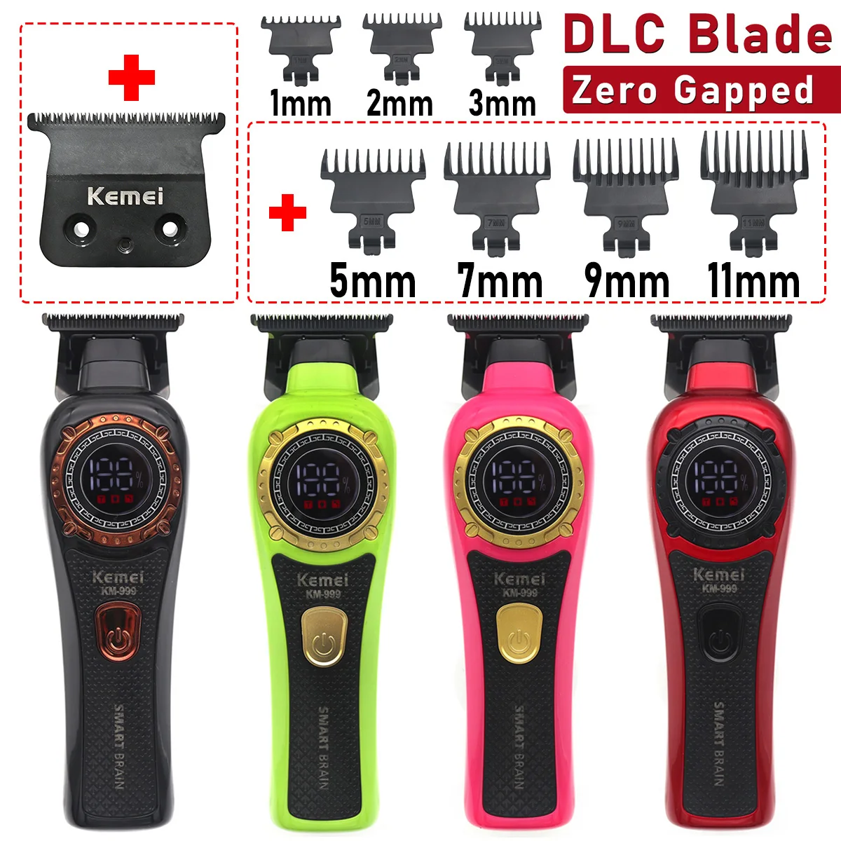 Kemei KM-999 남성용 헤어 트리머 DLC T-Blade Zero Gapped LED 디스플레이 무선 USB 전문 헤어...