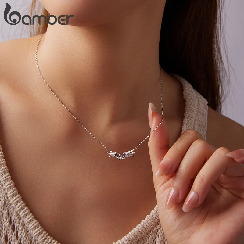 

Bamoer Wings Necklace Pure 925 Sterling Silver Unique a pair of wings Design Necklace Women Fine Jewelry