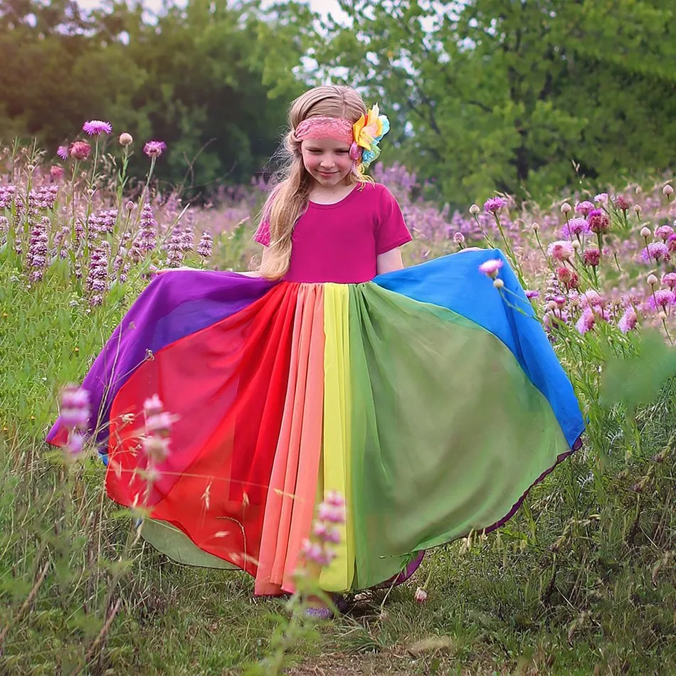 1 2 3 4 5 6 7 8 Years Rainbow Girl Summer Dress Kids Colorful Swing Flared Dresses Children Birthday Party Pink Clothes for Kids