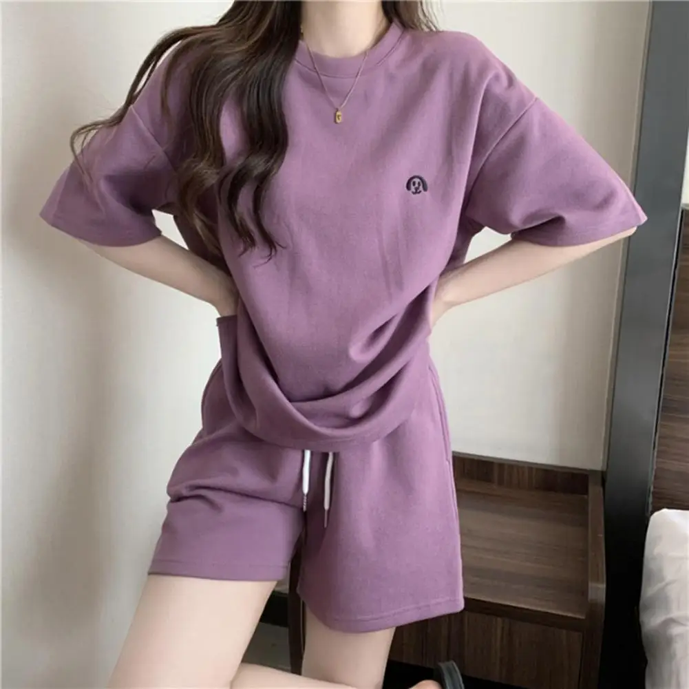 2026 Women Tracksuit O Neck Pure Color Short Sleeve T-shirt Drawstring Knee Length Shorts Sport Clothes Summer Women Outfit 80%