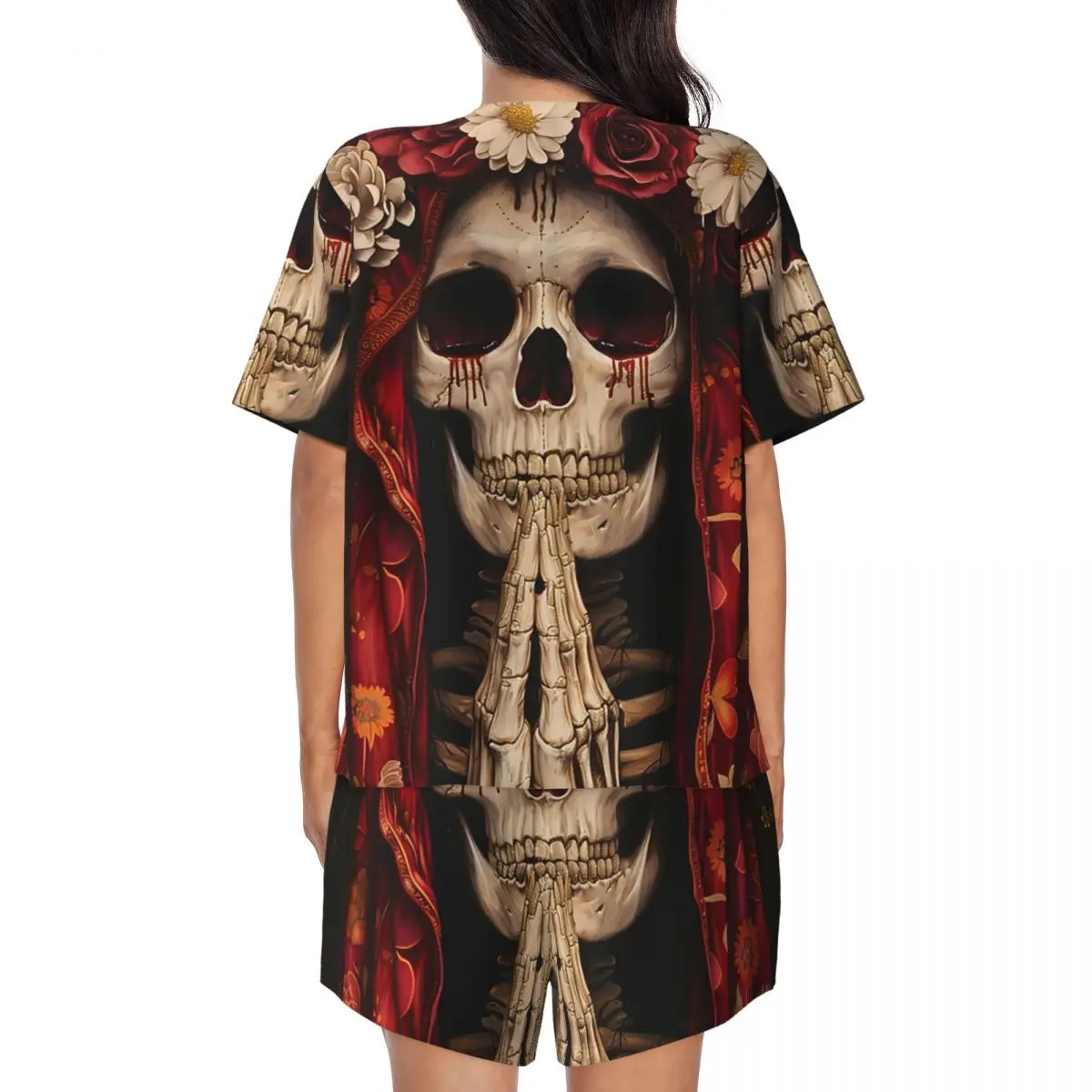 Santa Muerte Spanish Round Neck Short Sleeve Nightgowns for Sleeping Sleepshirts Women Soft Pajama Set Short Pants