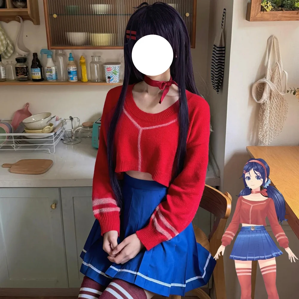 

Game MiSide Mita Cosplay Costume Women Red Sweater Blue Skirt Set Uniform Halloween Carnival Clothes