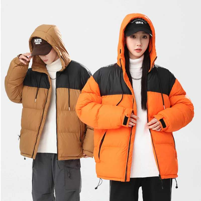 2024 Winter New Couple Patchwork Hooded Parkas Cotton Jacket Men Women Casual Bread Clothing Thickened Padded Cotton Warm