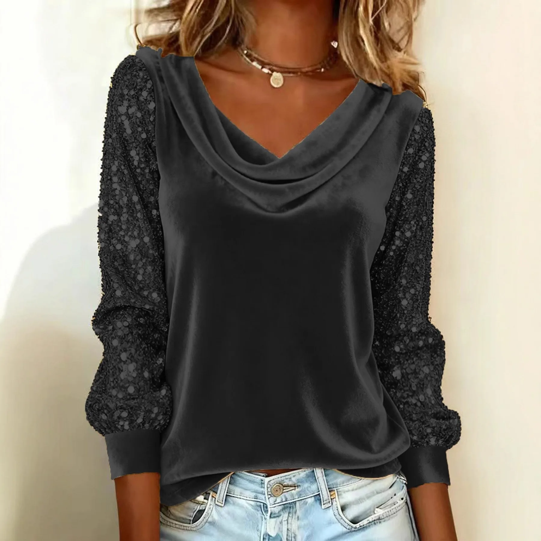 Sequined Patchwork Top Loose Fit Streetwear Long Sleeve T Shirt for Women with Roll Neck Pullover Regular Sleeve Elegant