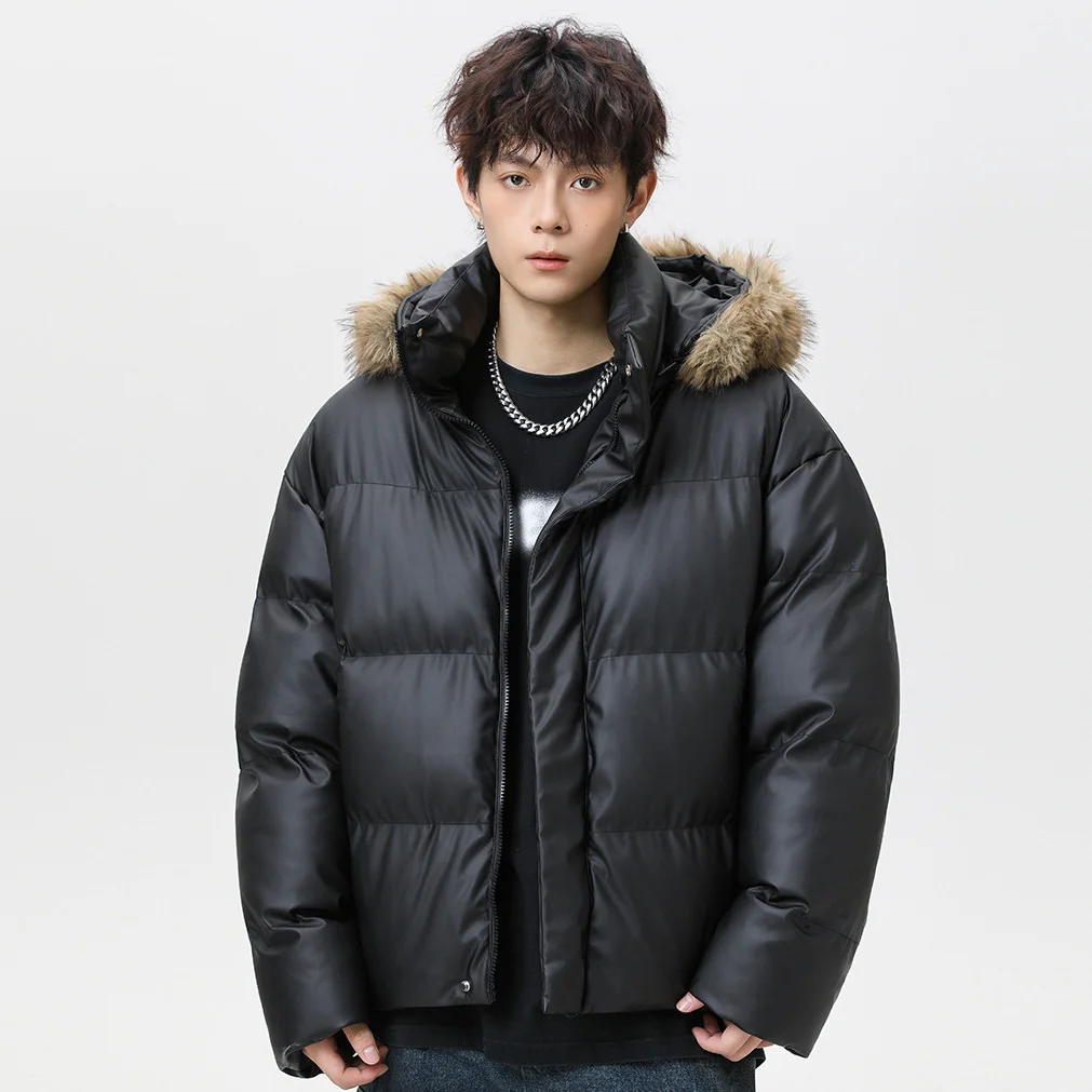 

2025 Winter Men Parkas Down Jacket Stand Collar Long Sleeve Male Outerwear High Street Thicken Windproof Fur Hooded Man Coat