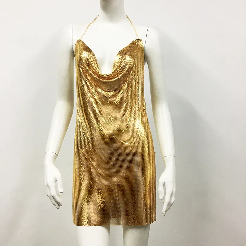 AKYZO – robe de soirée à paillettes métalliques pour femmes, bretelles Spaghetti, Sexy, dos nu, boîte de nuit, Cocktail, robes de Festival Rave