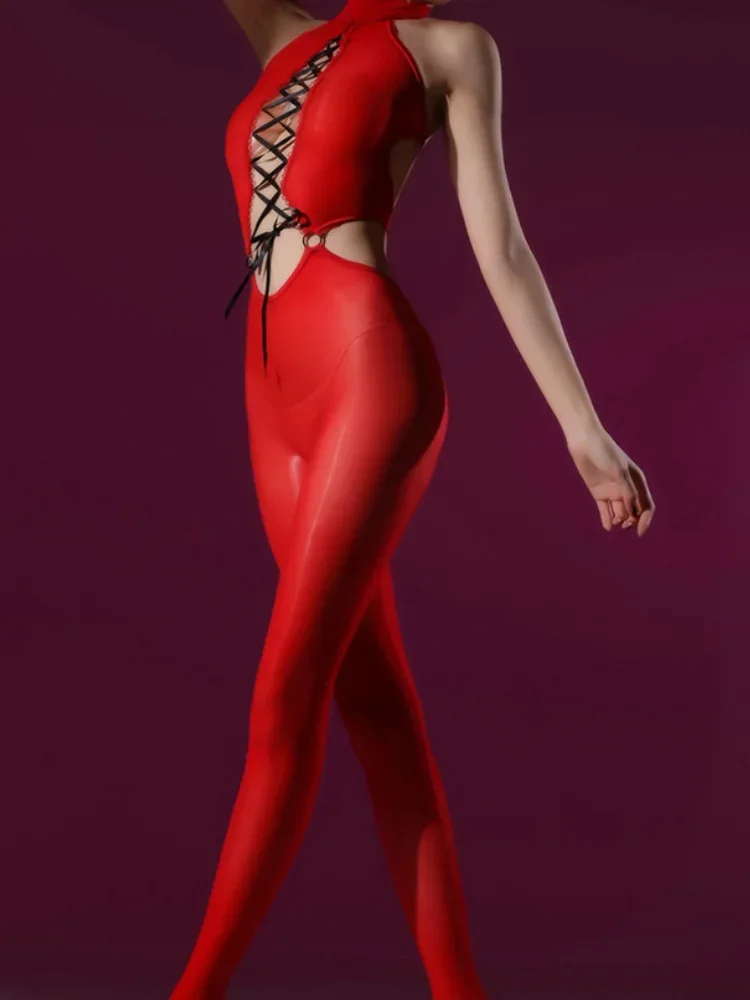 Sexy Women Oil Glossy Shiny Elastic Bodysuit Bandage Hollow Out Sexy Tights Shaping Jumpsuits Cosplay Maid Backless Leotard