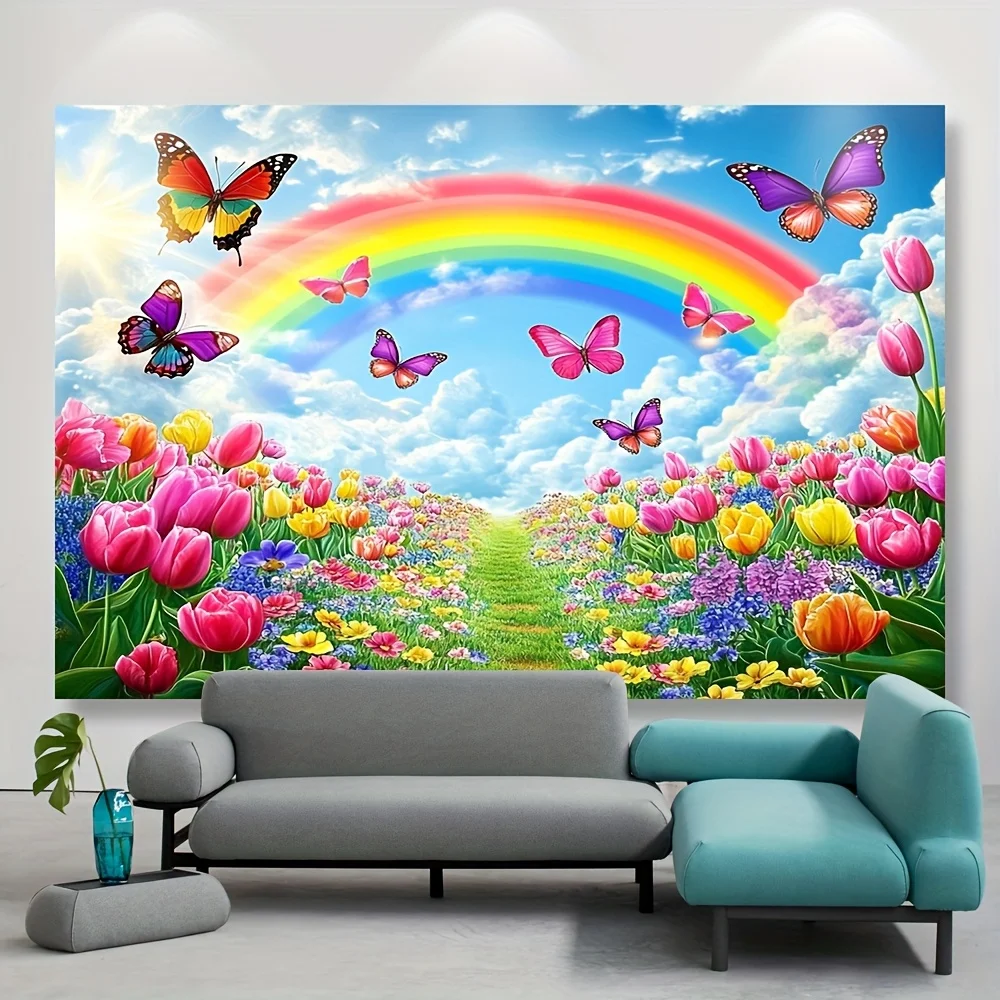 Rainbow Tulip Field Butterflies Blue Sky 2D Flat Tapestry Backdrop For Living Room Decor Spring Nature Wall Hanging Art Print