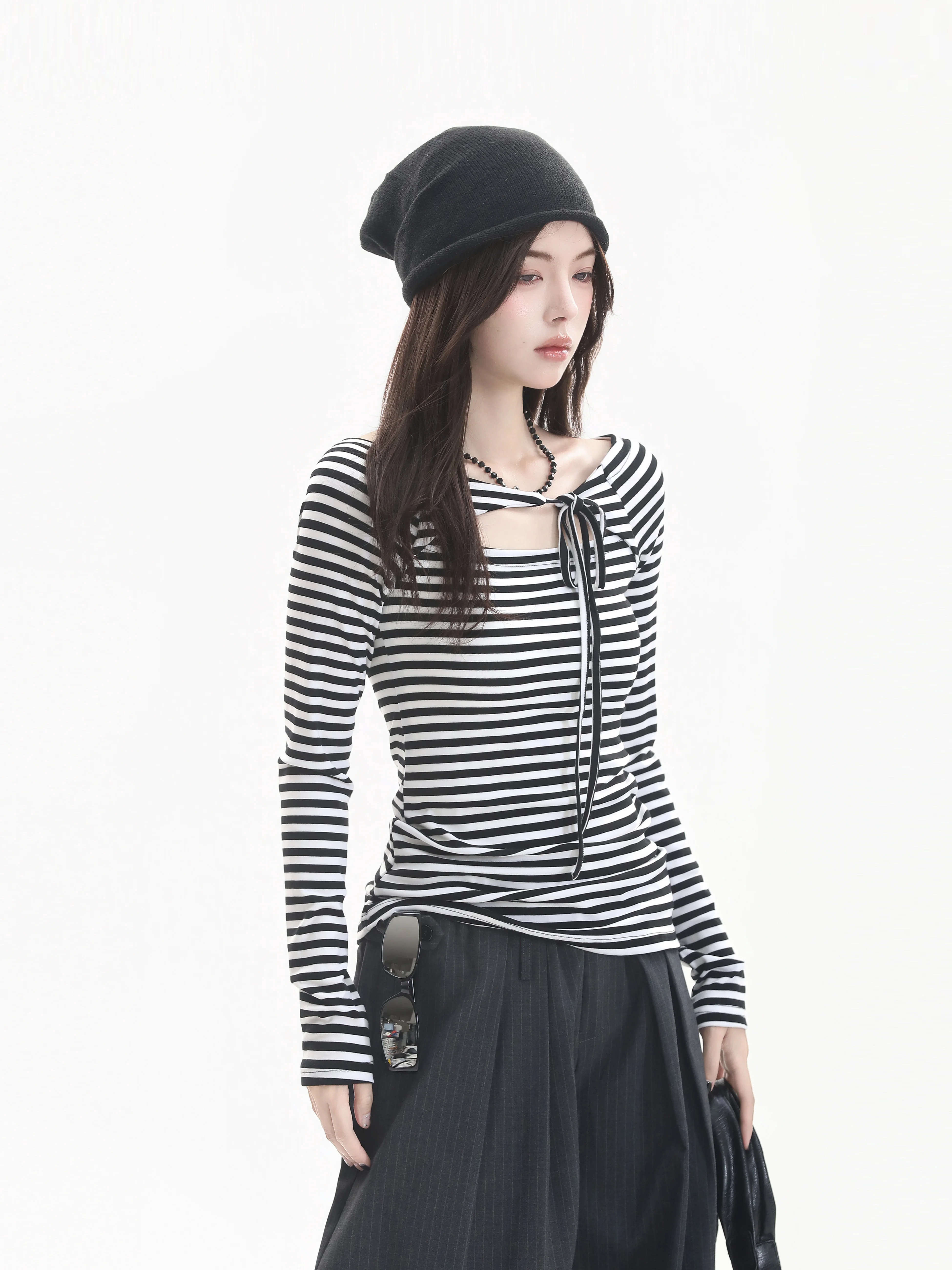 Slimming Striped Color Block Long Sleeve T-Shirt Korean Style Casual Fashion Shoulder Width Regular Length for Women