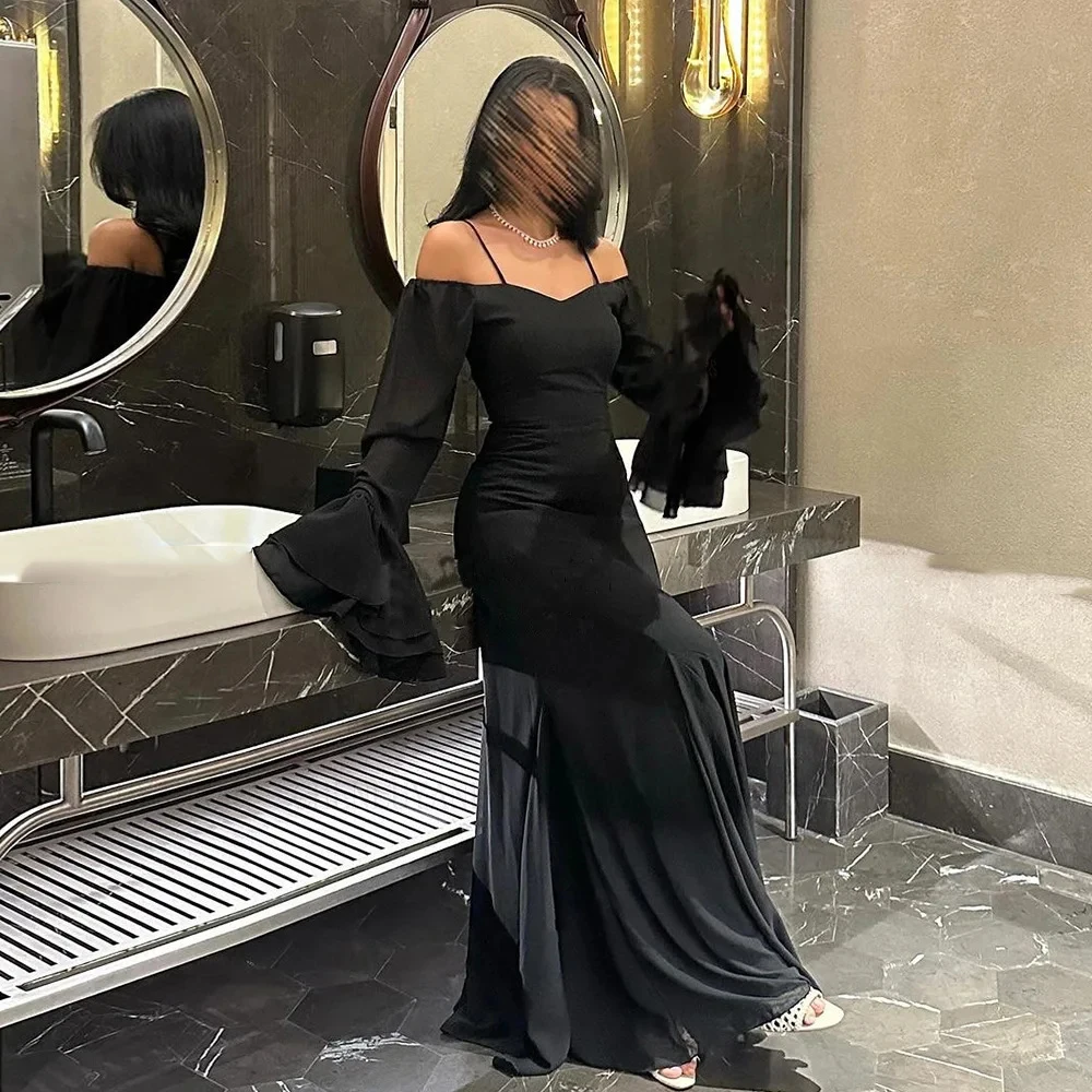 

Yipeisha Fashion Simple Spaghetti Black Evening Dresses A-line Half Sleeves Draped Straight Formal Party Prom Dresses