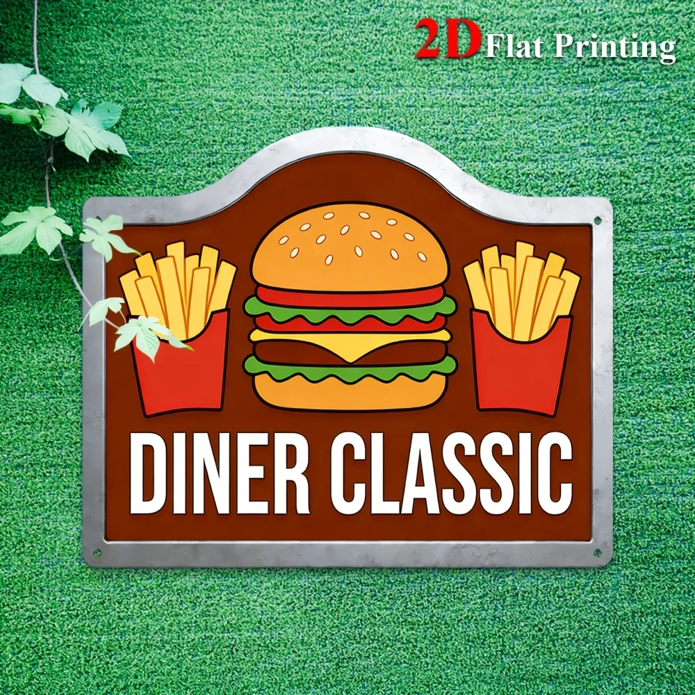 2D Flat, Retro Diner Burger & Fries Aluminum Sign - Art Suitable For Kitchen, Bar, Cafe Decor, Vintage Classic Burger Decoration