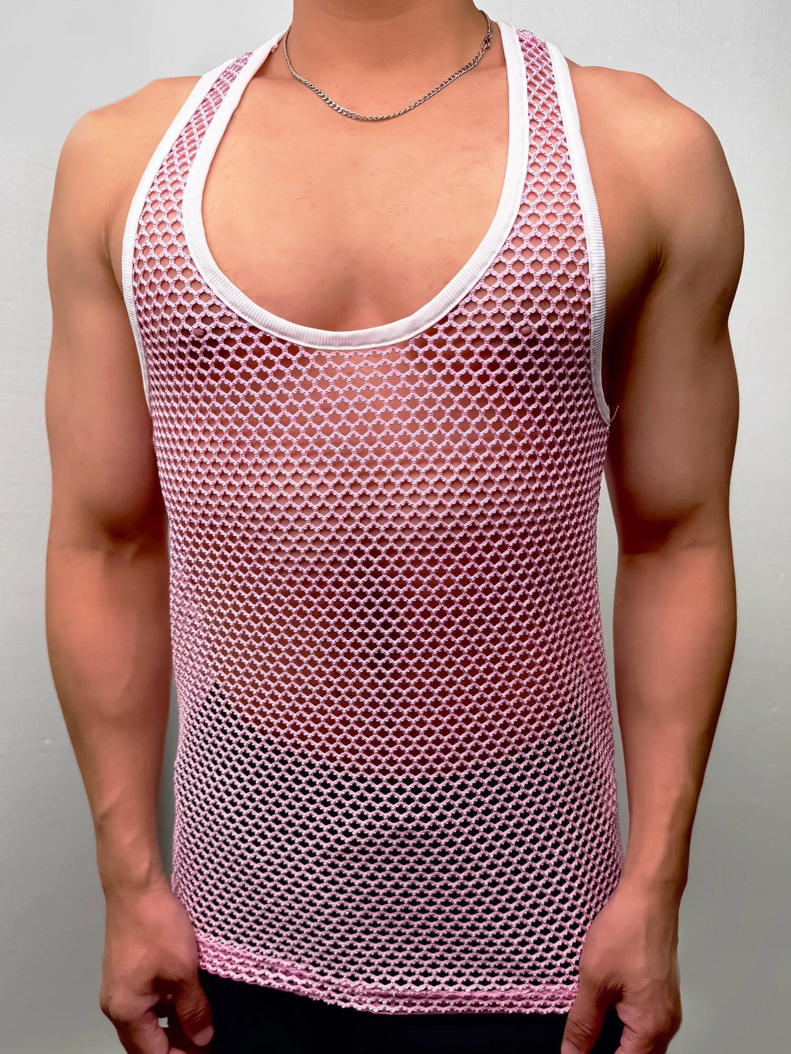 Sommer Herren Casual Mesh Netz Tanktop Racerback Ärmelloses Shirt Muskel-Sportweste Bunte Linien Glänzend Transparent Party Alltagskleidung – Detail 13
