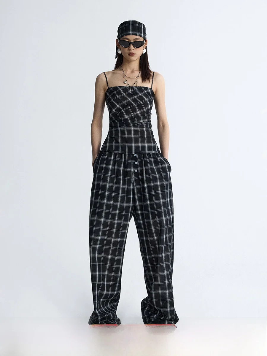 

Женский летний комплект Ourhour: черно-белые брюки в клетку с широкими штанинами, разрезами, отворотами и застежкой на пуговицах, из смесового хлопка