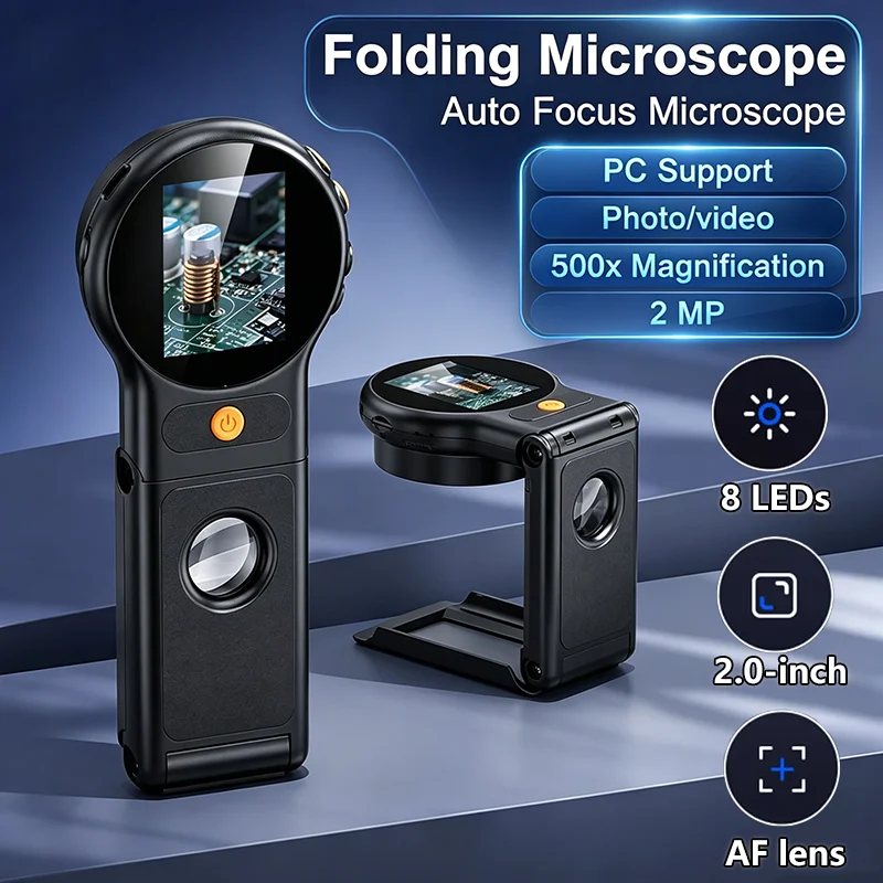 500X Folding Digital Microscope Autofocus with 8 Leds Photo Video Microscopes Magnifying Glass 2-Inch Screen Electronics Repair
