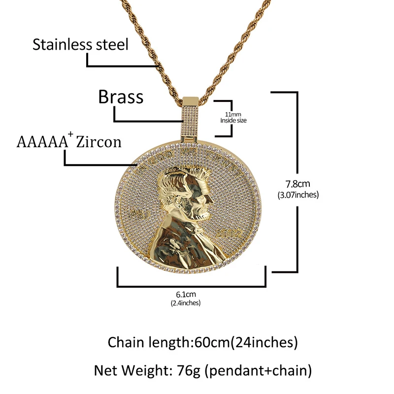 Hip Hop 5A+ CZ Stone Paved Bling Iced Out Portrait Round Pendants Necklaces for Men Rapper Jewelry Rose Gold Silver Color