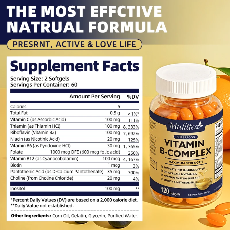 Mulittea Vitamin B Complex Capsule (Vitamin B, Folic Acid & Biotin) Reduce Stress & Supports Better Moods,Assists Nervous Health