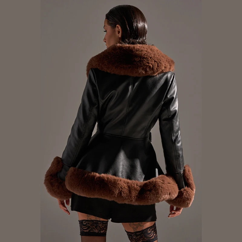 

Women Fashion Faux Pu Leather Coat Elegant Luxury Long Sleeved Jackets With Waist Strap 2025 New Autumn Winter Warm Overcoat