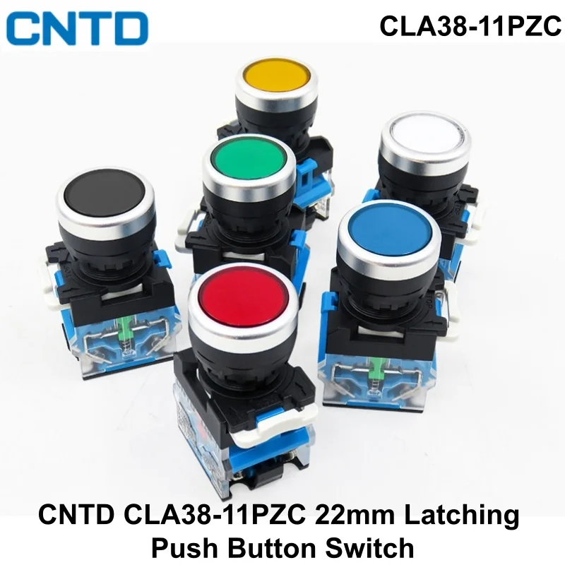 CNTD CLA38-11PZC 22mm Latching Push Button Switch 1NO 1NC Maintained Self-Locking Flat Head Panel Mount AC 500V IP65