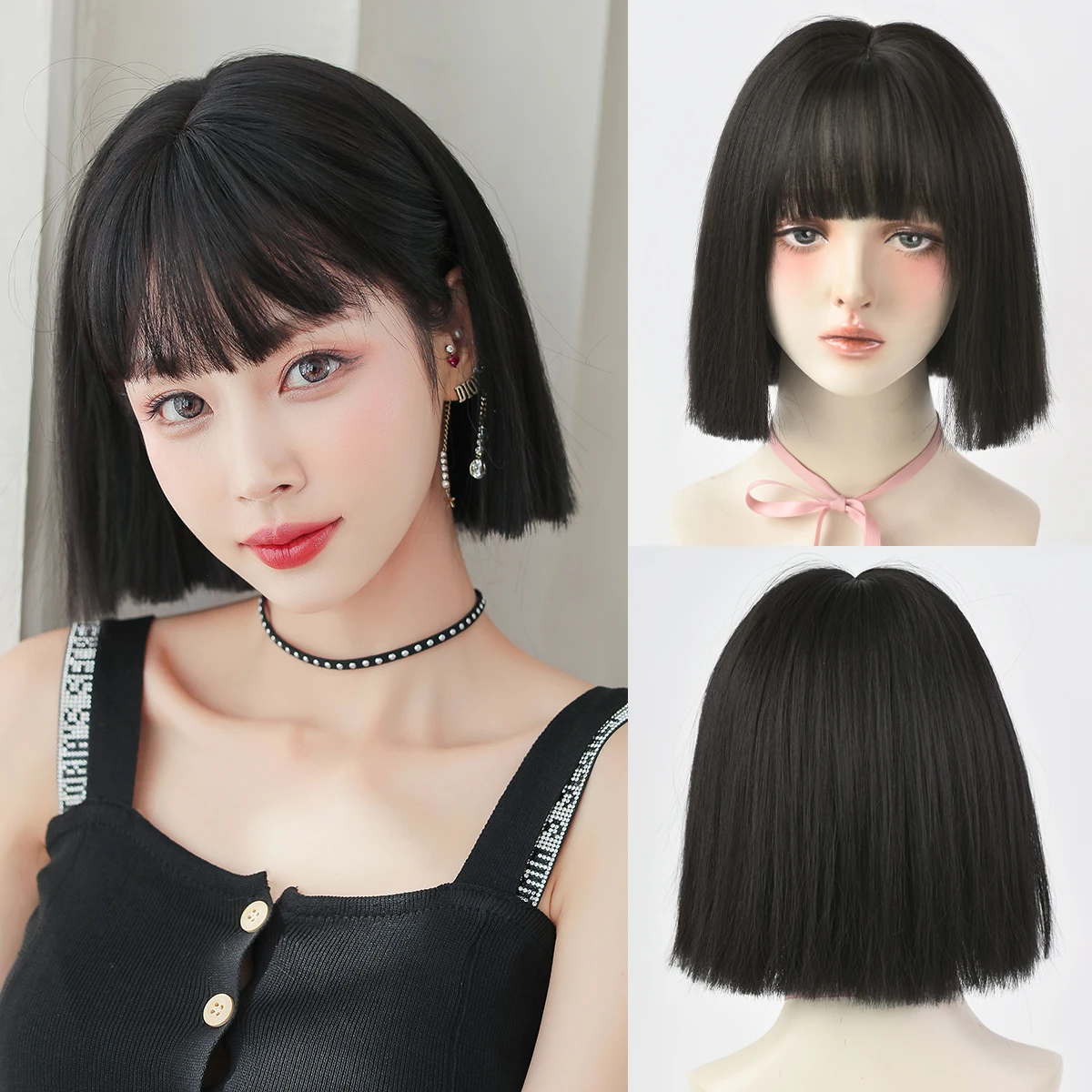 7JHH WIGS Kurze, gerade, schwarze Perücke für Damen, synthetische, hitzebeständige, modische Bob-Perücken mit ordentlichem Pony