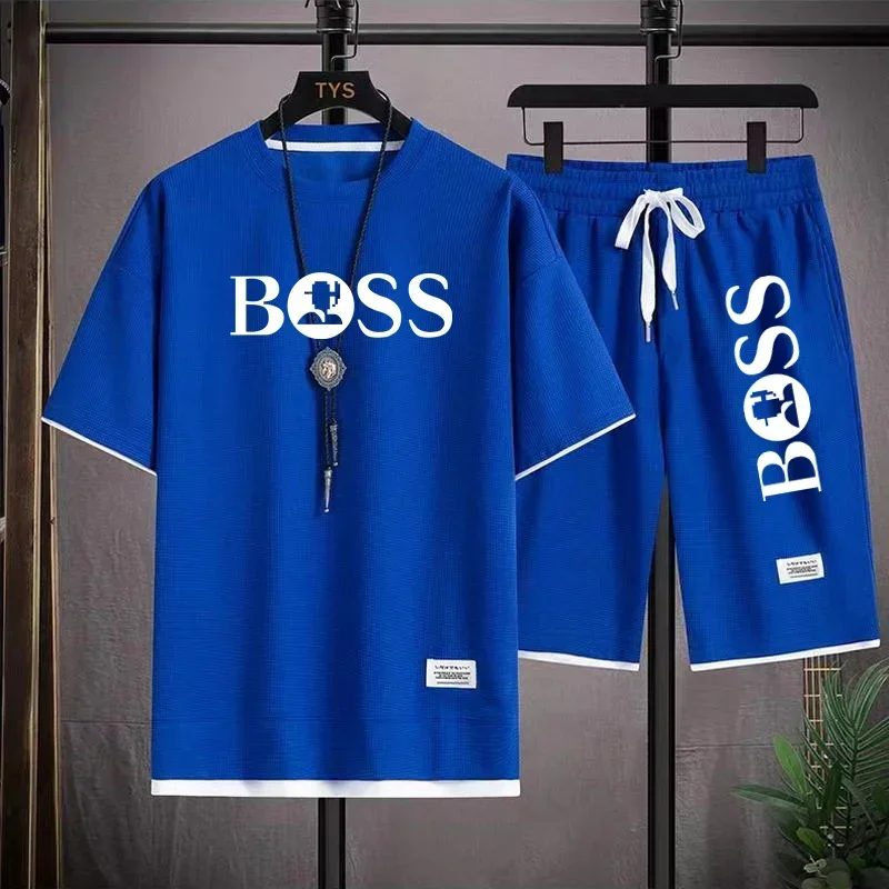 New summer jogging short-sleeved sportswear suit men\'s fitness fashion casual T-shirt + jogging basketball shorts 2-piece set