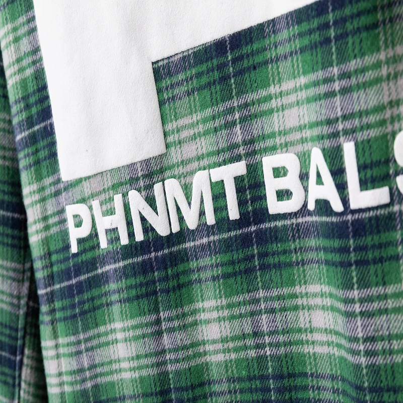 Autumn New Foam Letter Logo Blue-green Checkered Shirt Trendy Vintage Clothing Men Women Loose Casual Shirt Blouse V-shape