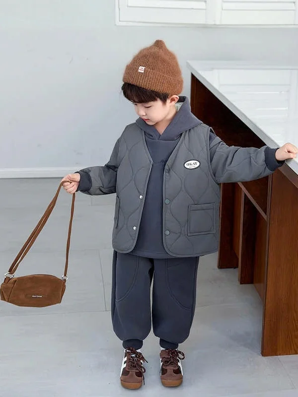 

Комплект для мальчиков: коричневый флисовый жилет с длинными рукавами и толстовка, модный осенне-зимний повседневный спортивный костюм из двух предметов для детей