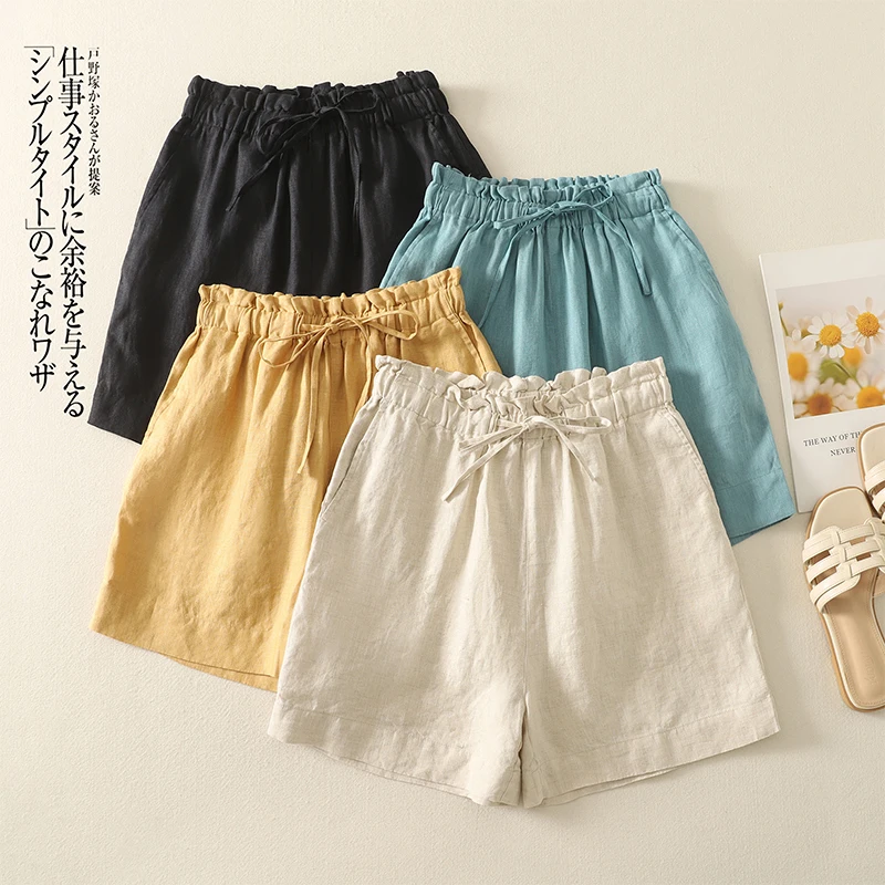 

Весенне-летние женские хлопковые шорты с эластичной резинкой и высокой талией и карманами, бежевые, черные, желтые, синие шорты в стиле бохо, повседневные свободные шорты