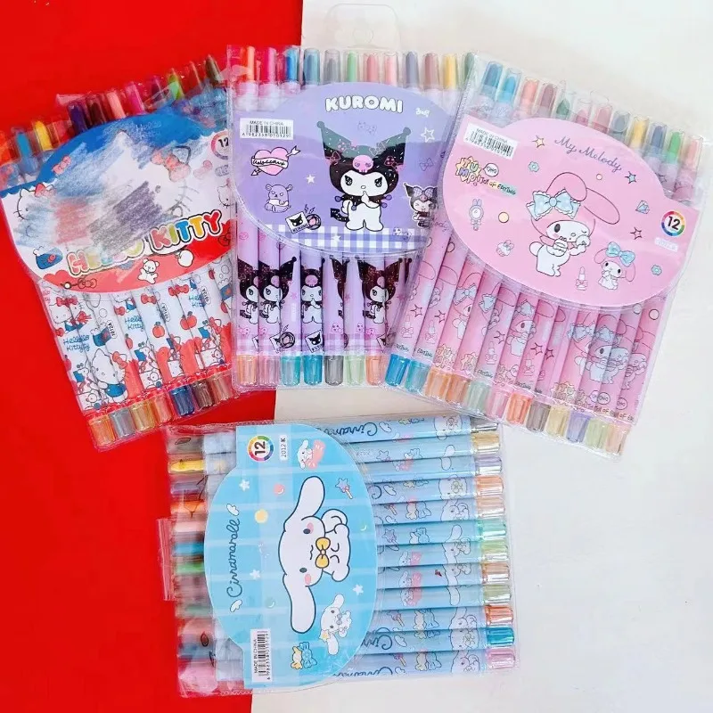 Sanrio Crayon 12 Kleuren Schattige Kuromi Kinderen Cadeau Schilderij Pen Roterend Krijt Olieverfschilderij Stok Lang Krijt Kinderen Cadeau