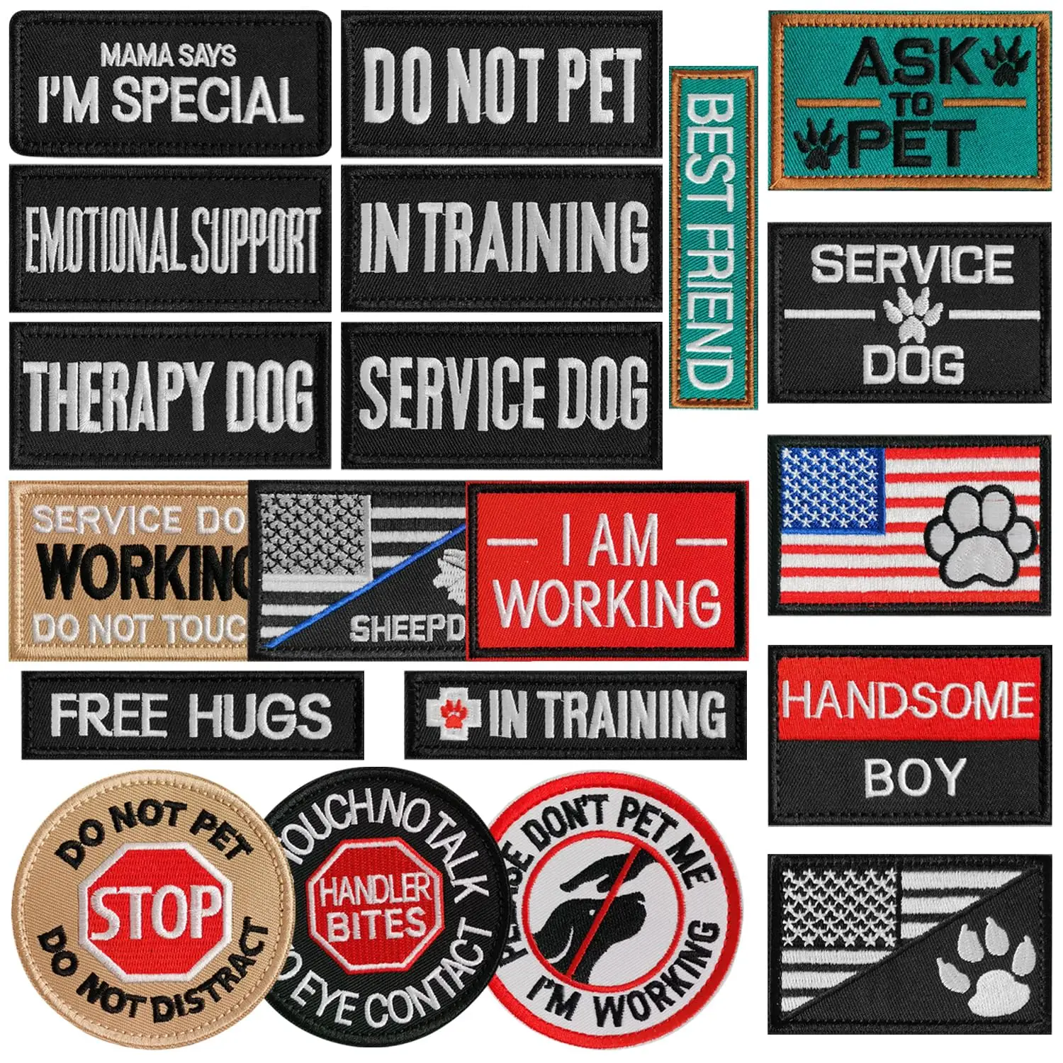 AXEN 20 Pieces Service Dog Patches Pack, Tactical Morale Patch for Dog Vest Harness Collar Loop and Hook Patches Full Embroidere