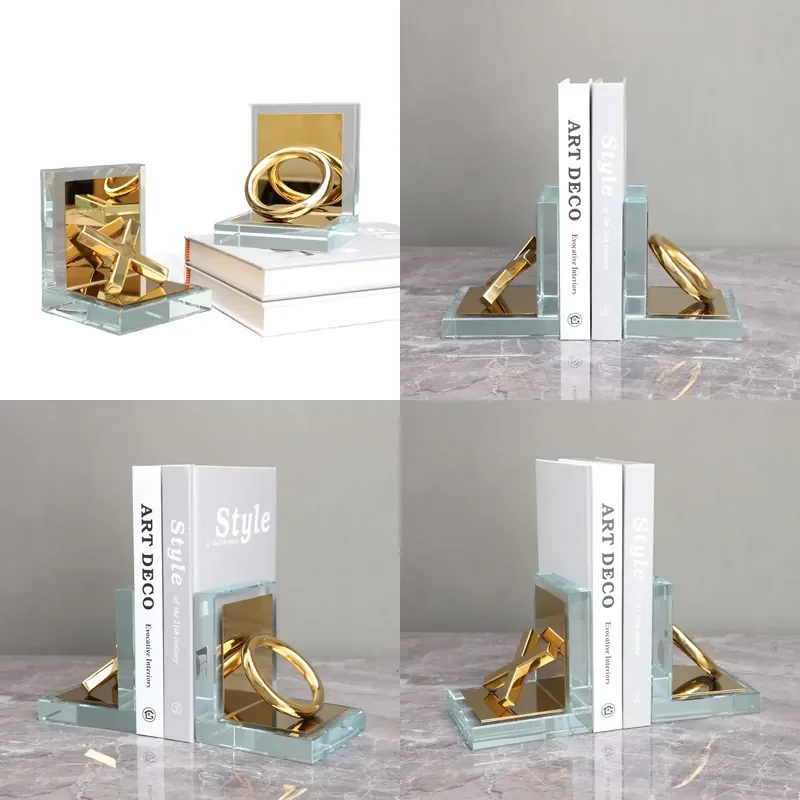 Nordic Crystal Metal XO Bookend Book Stand Ornament for Room Office TV Cabinet Study Living Room Home Decoration
