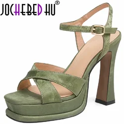 【JOCHEBED HU】New Genuine Leather Platform Sandals Thick High Heels Slingbacks Sandals Woman Classics Ladies Dress Summer Shoes