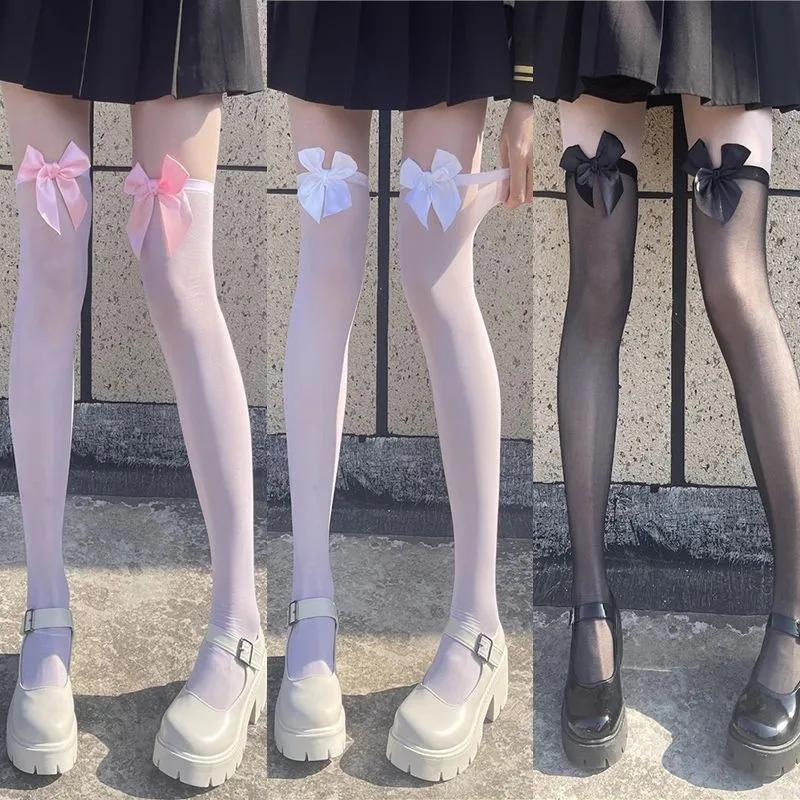 Japanese Sexy Bow Long Pure Desire White Silk Lolita Soft Girl over the Knee JK Thigh Socks Black Silk Hot Girl