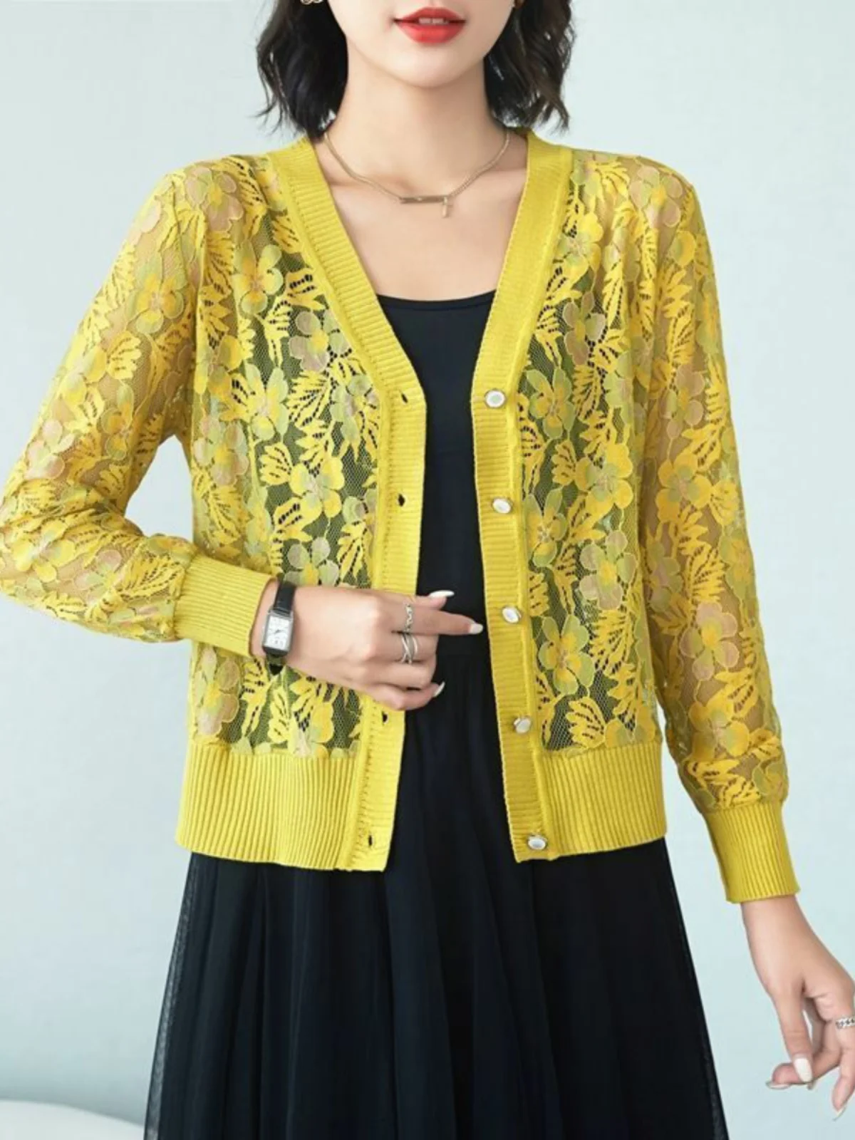 Cardigan de Seda Gelada Tricotado para Mulheres, Novo Top de Verão com Renda, Proteção Solar, Ideal para Ar Condicionado