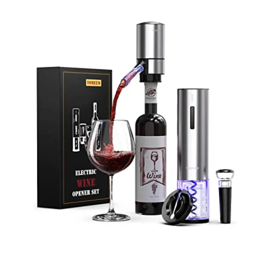 Rechargeable Electric Wine Gift Set - Aerator Vacuum Stoppers Foil Cutter and Bottle Opener for Home Bar and Outdoor Parties