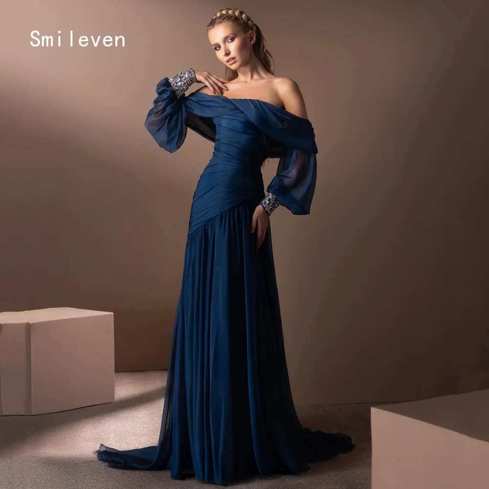 

Smileven Luxury Straight Prom Dress Illusion Pleat Navy Blue Evening Gowns Noval Off The Shoulder Occasion Dress Customized 2026