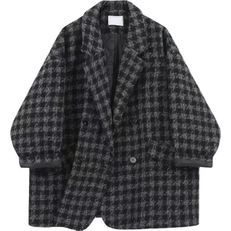 2023 New Autumn/Winter Large Women\'s Woolen Coat Women\'s Loose and Slim Medium Length Checkered Thick Woolen Coat