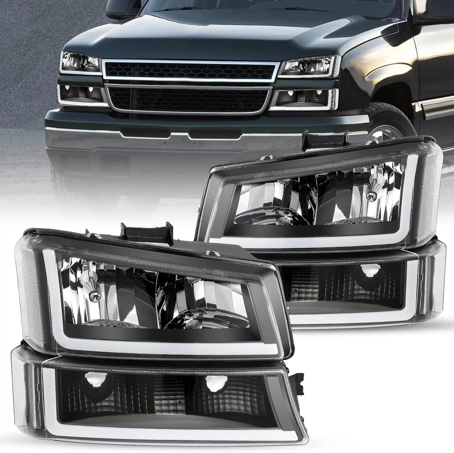 

Headlight Assembly w/LED DRL Fit for 2003-2006 Chevy Silverado / 2003-2006 Avalanche w/Bumper Lights 4pcs Passenger & Driver Sid