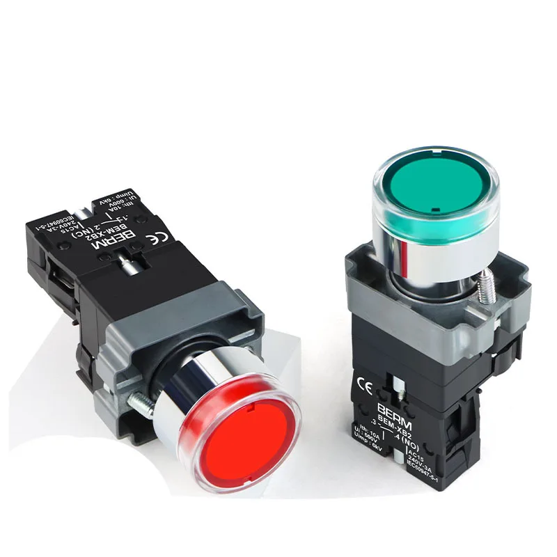 5pcs Metal Flat Head Button Switch With Light XB2 Start Stop Power Control Self-Resetting Red Green DC 24V 220V AC XB2-10DN 01ND