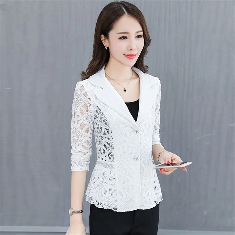 Summer Casual Blazer Jacket 2024 New Single-Breasted Suit Collar Women\'s Clothes Coat Solid Colour Fashion Lace Outeawer Female