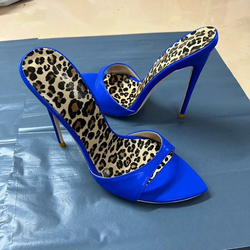 Designer Summer New Sexy 12cm Summer Pointed Toes Leopard Insole Slippers Women Thin High Heels Sandals Plus Size Outfit Shoes