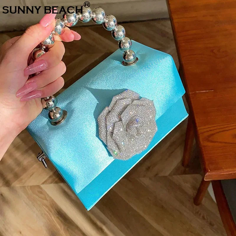 

Fashion Flower Rhinestones Bling Evening Clutch Bag Purse Satin Silk Hand Bag Women Luxury Tote Party Prom Crossbody Bridal